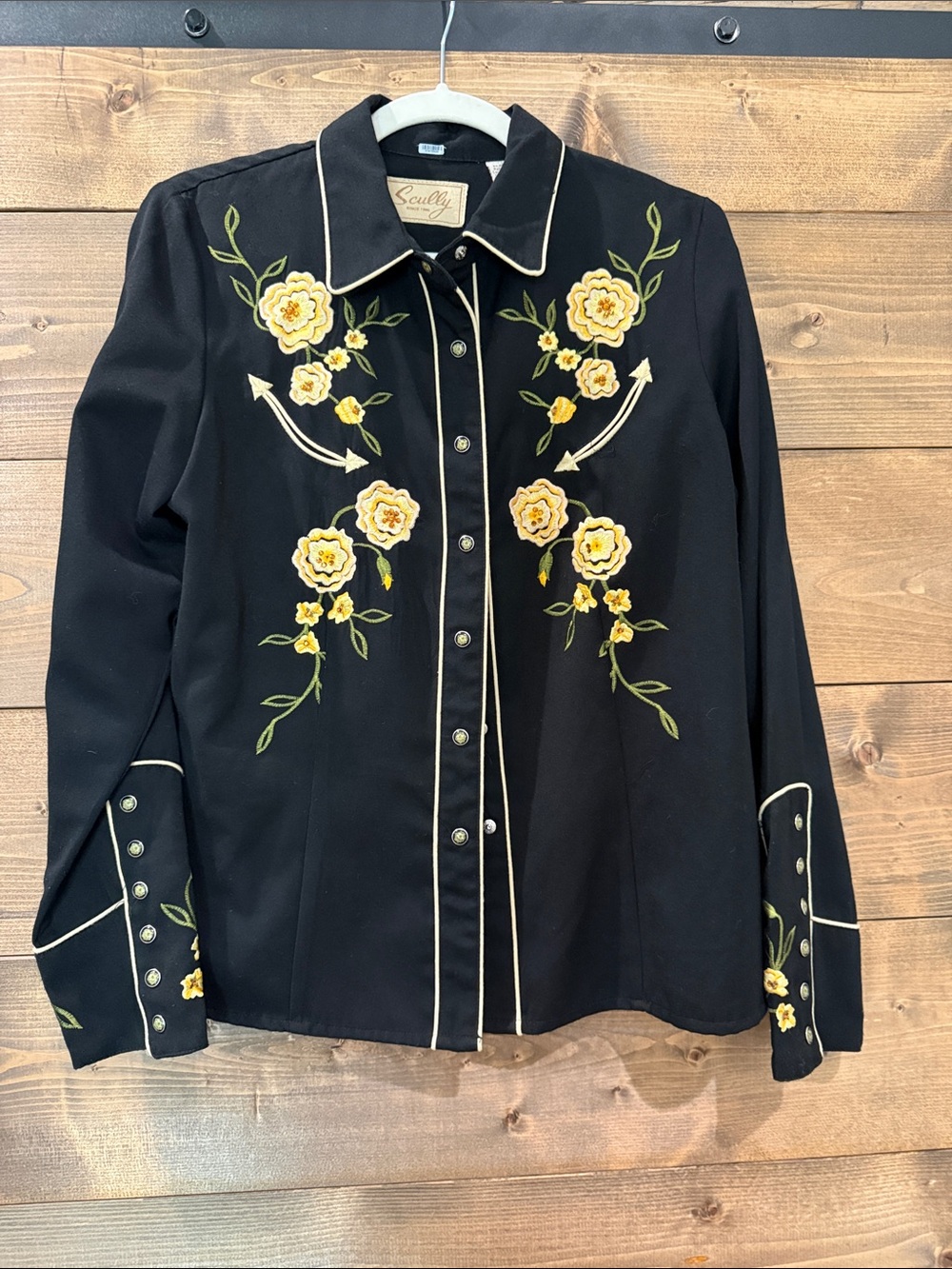 Scully Black Western Embroidered Shirt with Yellow Floral Detail
